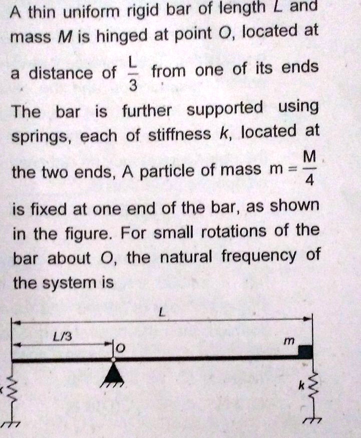 A thin uniform rigid bar of length L and mass M is hinged at point O ...