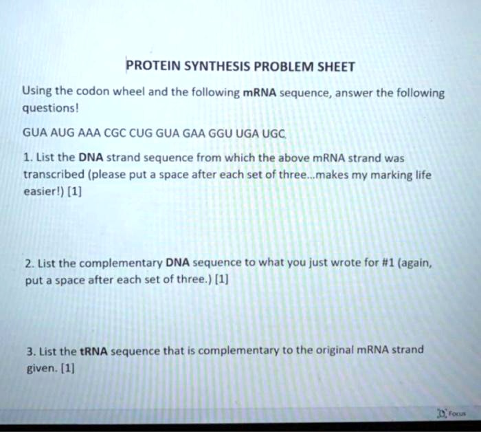 Protein synthesis problem sheet using the codon wheel and...