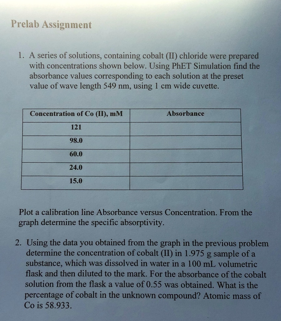 SOLVED Prelab Assignment 1. A series of solutions, containing cobalt