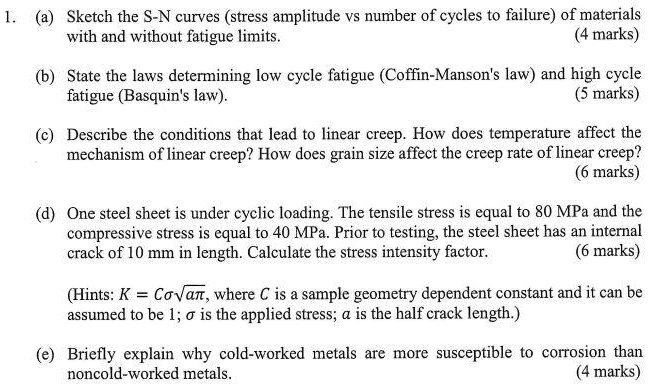 1. (a) Sketch the S-N curves (stress amplitude vs number of cycles to ...