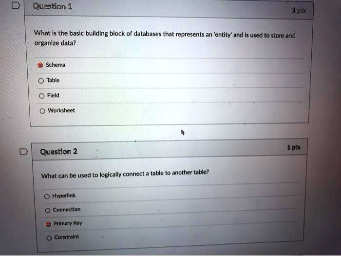 Question 1
What is the basic building block of databases that represents an 'entity' and is used to store and organize data?
Schema
Table
Field
Worksheet
Question 2
What can be used to logically connect a table to another table?
Hyperlink
Connection
Primary Key
Constraint