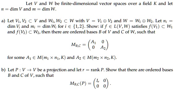 Solved Let V And W Be Finite Dimensional Vector Spaces Over Field Kand Let 1 Dim V And M Dim W Let Vi Vz A V And Wi Wz A W With V