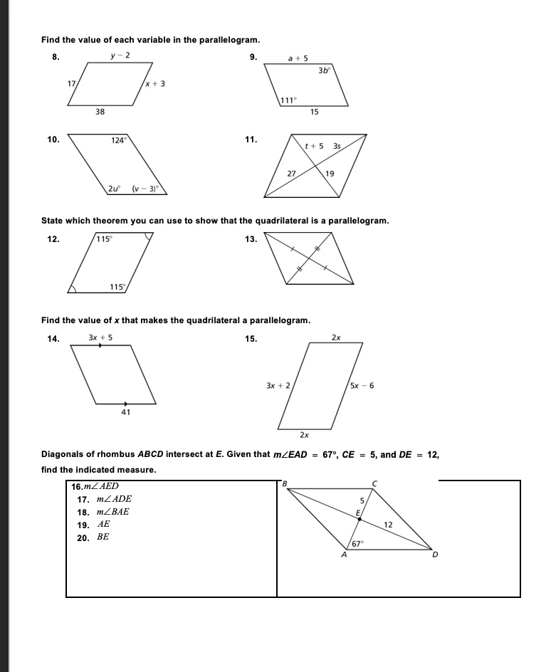 SOLVED:Find the value of each variable in the parallelogram State which ...