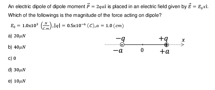 SOLVED: An electric dipole of dipole moment P⃗=2 q a is placed in an ...