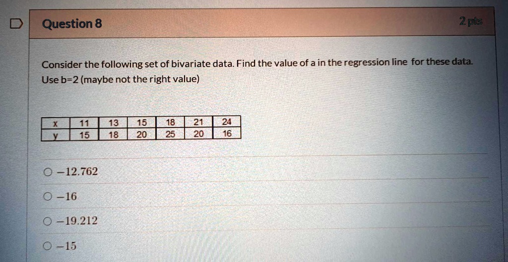 Question 8
Consider the following set of bivariate data. Find the value of a in the regression line for these data.
Use b=2 (maybe not the right value)
x | 11 | 13 | 15 | 18 | 21 | 24
y | 15 | 18 | 20 | 25 | 20 | 16
-12.762
-16
-19.212
-15