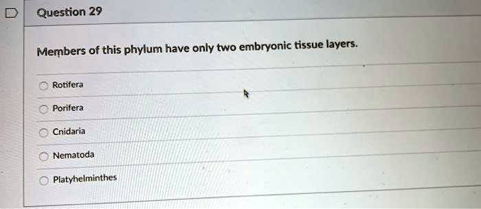 Members of this phylum have only two embryonic tissue layers.
Rotifera
Porifera
Cnidaria
Nematoda
Platyhelminthes