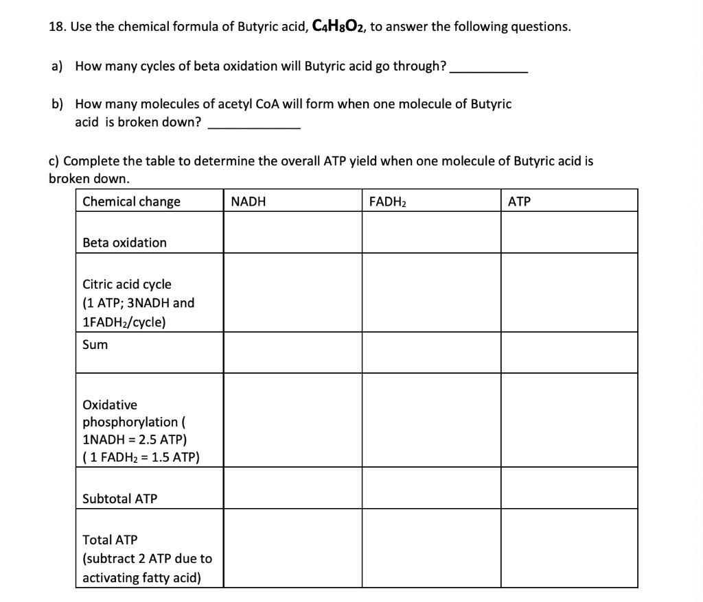 SOLVED: 18. Use the chemical formula of Butyric acid, C4H8O2, to answer ...