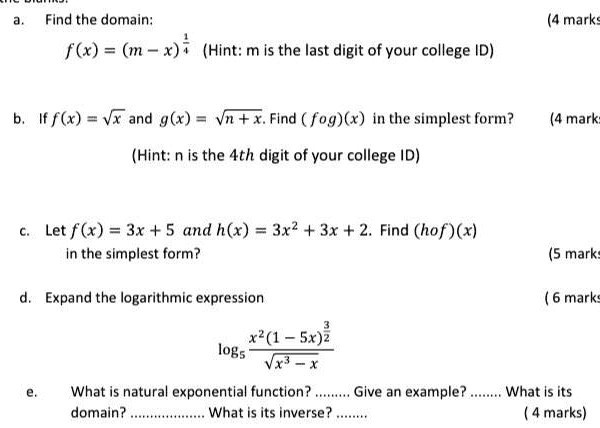 Solved Find The Domain F X M X Hint M Is The Last Digit Of Your College Id Mark B Ff X Vx And G Vn X Find Fog X Inthe