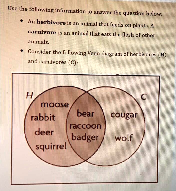 SOLVED: Use the following information to answer the question below: An  herbivore is an animal that feeds on plants: carnivore is an animal that  eats the flesh of other animals. Consider the