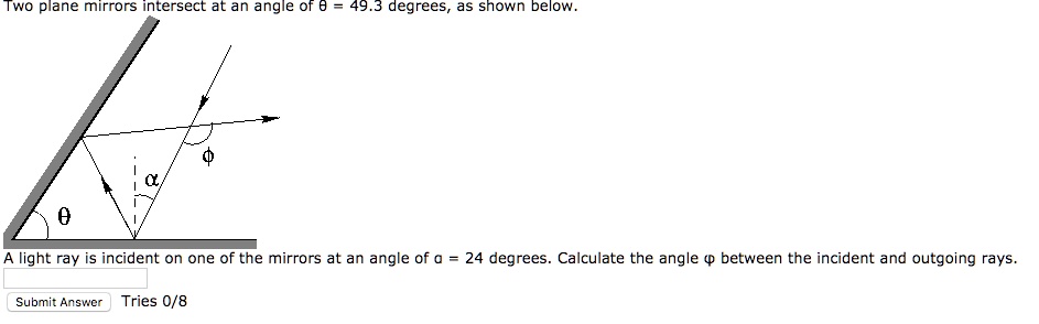 SOLVED: Two plane mirrors intersect at an angle of 84.9 degrees as ...