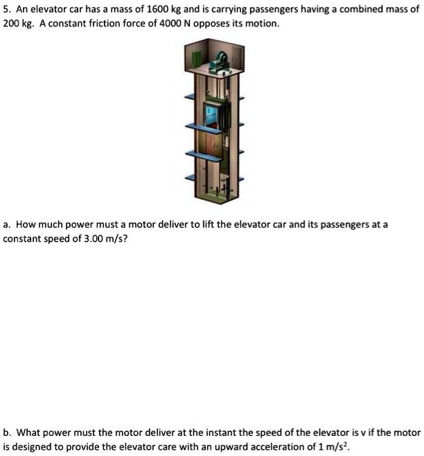 5. An elevator car has a mass of 1600 kg and is carrying passengers having a combined mass of
200 kg. A constant friction force of 4000 N opposes its motion.
a. How much power must a motor deliver to lift the elevator car and its passengers at a
constant speed of 3.00 m/s?
b. What power must the motor deliver at the instant the speed of the elevator is v if the motor
is designed to provide the elevator care with an upward acceleration of 1 m/s².