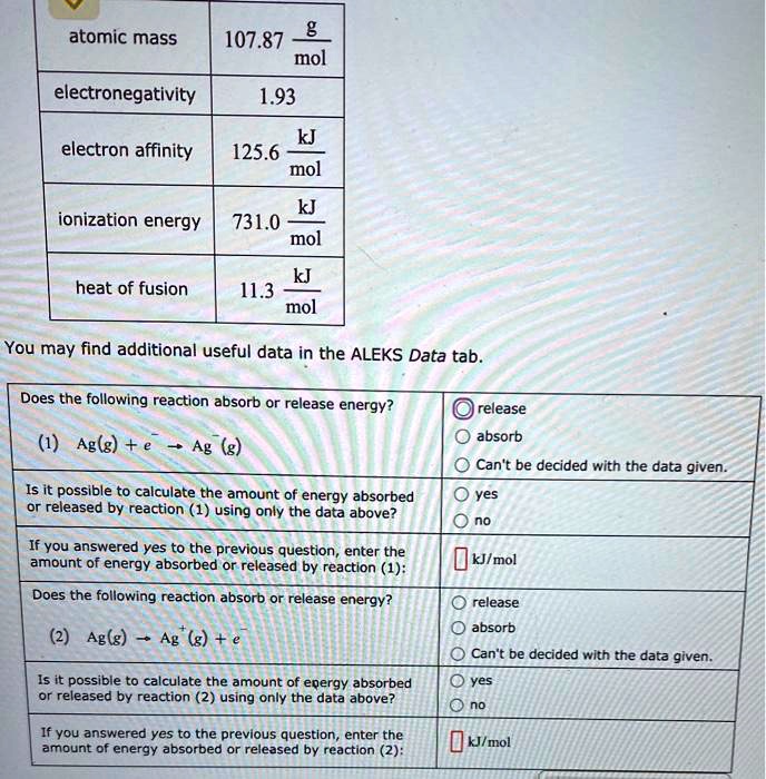 atomic mass 107.87 g/mol
electronegativity 1.93
electron affinity 125.6 kJ/mol
ionization energy 731.0 kJ/mol
heat of fusion 11.3 kJ/mol
You may find additional useful data in the ALEKS Data tab.
Does the following reaction absorb or release energy?
(1) Ag(g) + e^- ? Ag^-(g)
release
absorb
Can't be decided with the data given.
Is it possible to calculate the amount of energy absorbed or released by reaction (1) using only the data above?
yes
no
If you answered yes to the previous question, enter the amount of energy absorbed or released by reaction (1): kJ/mol
Does the following reaction absorb or release energy?
(2) Ag(g) ? Ag^+(g) + e^-
release
absorb
Can't be decided with the data given.
Is it possible to calculate the amount of energy absorbed or released by reaction (2) using only the data above?
yes
no
If you answered yes to the previous question, enter the amount of energy absorbed or released by reaction (2): kJ/mol