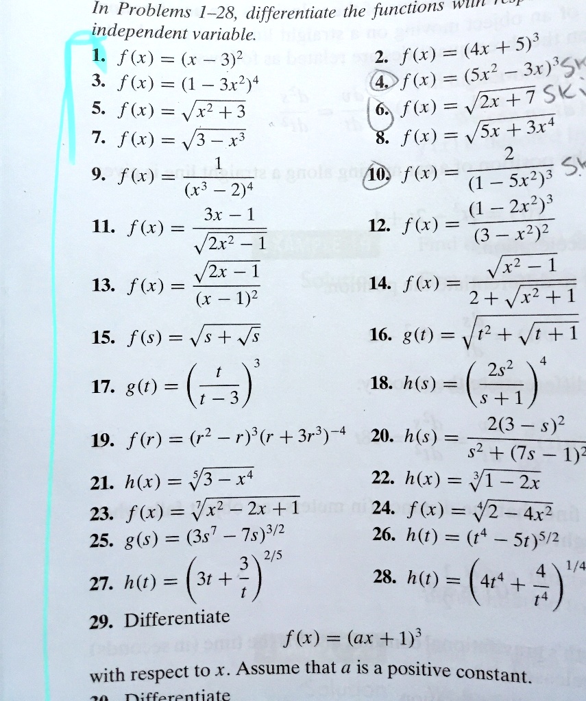 Solved In Problems 1 28 Differentiate The Functions Wtint Independent Variable 2 F X 4x 5 3 1 F X X 3 2 Sx2 3x 3 F X 1 3x2 4 4 F X 5 F X