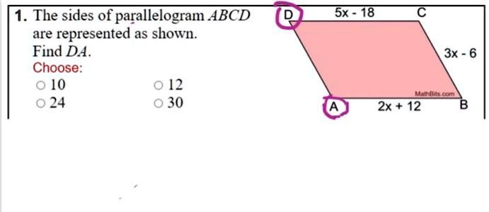 SOLVED The sides of parallelogram ABCD are represented as shown