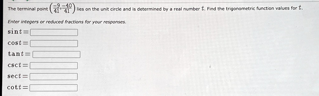 the terminal point 941 4041 lies on the unit circle and is determined by a real number t find the trigonometric function values for t enter integers or reduced fractions for your responses s 78928