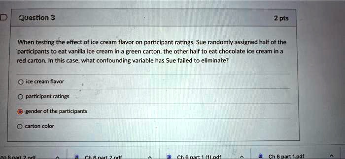 When testing the effect of ice cream flavor on participant ratings, Sue randomly assigned half of the participants to eat vanilla ice cream in a green carton, the other half to eat chocolate ice cream in a red carton. In this case, what confounding variable has Sue failed to eliminate?

ice cream flavor
participant ratings
gender of the participants
carton color