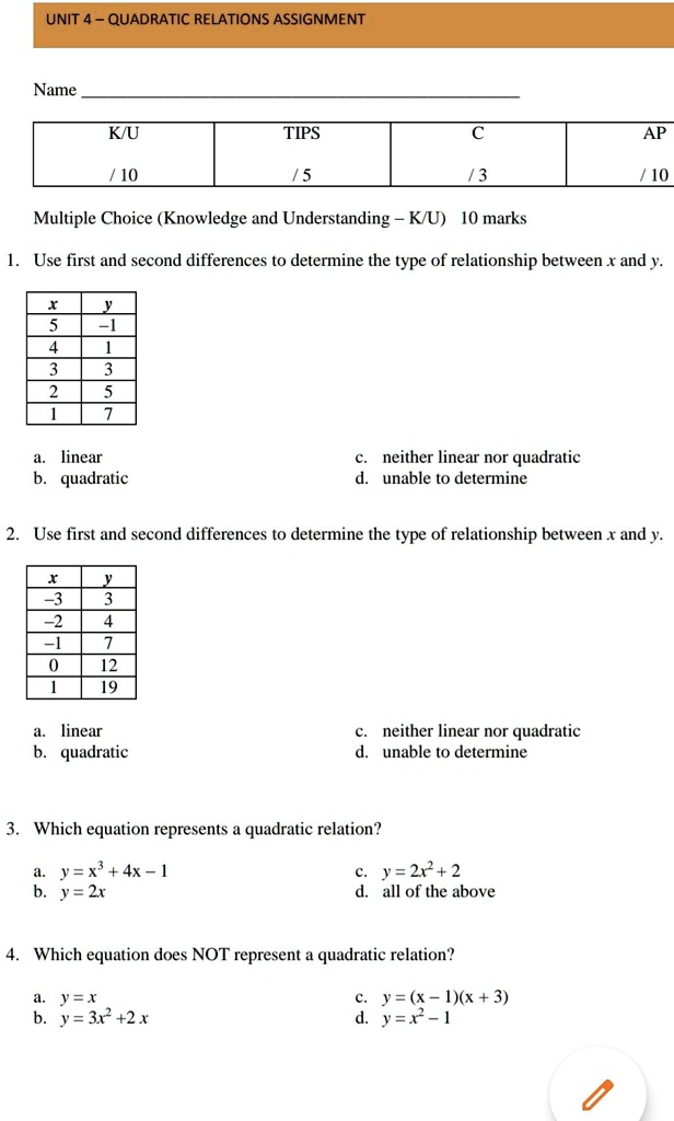 quadratic relations assignment