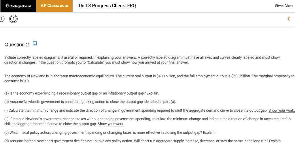 CollegeBoard AP Classroom Unit 3 Progress Check: FRQ Siwei Chen