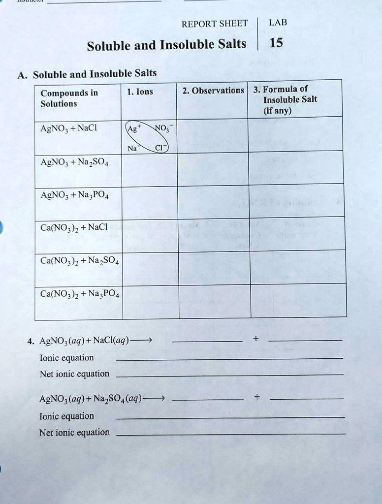 SOLVED: REPORT SHEET LAB 15 Soluble and Insoluble Salts A. Soluble and ...