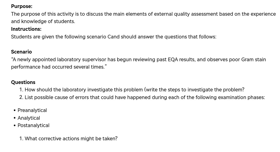 texts purpose the purpose of this activity is to discuss the main elements of external quality assessment based on the experience and knowledge of students instructions students are given th 98187