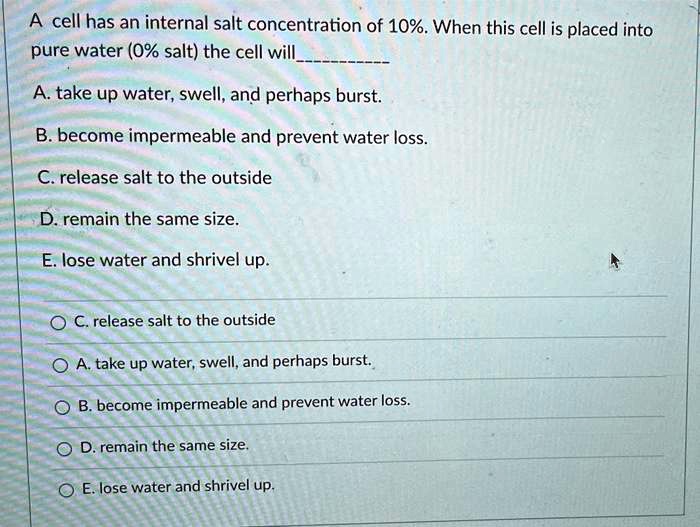 A cell has an internal salt concentration of 10%. When this cell is placed into pure water (0% salt) the cell will
A. take up water, swell, and perhaps burst.
B. become impermeable and prevent water loss.
C. release salt to the outside
D. remain the same size.
E. lose water and shrivel up.