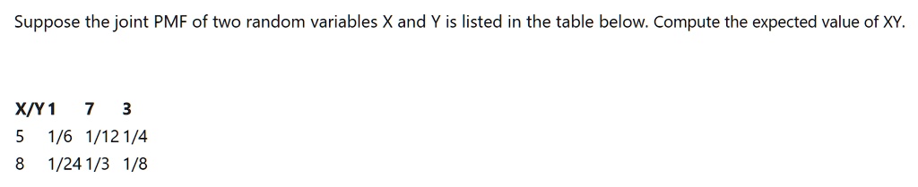 Suppose the joint PMF of two random variables X and Y is listed in the table below. Compute the expected value of XY.

X/Y 1 7 3
5 1/6 1/12 1/4
8 1/24 1/3 1/8