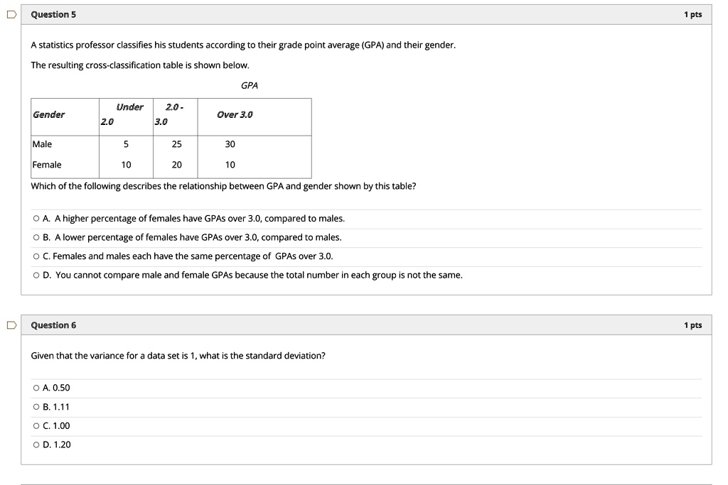 SOLVED Question 5 1 pts A statistics professor classifies his students