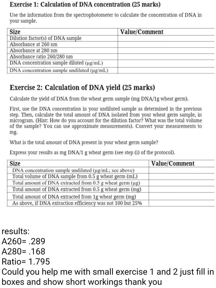 SOLVED Exercise 1 Calculation of DNA concentration (25 marks) Use the
