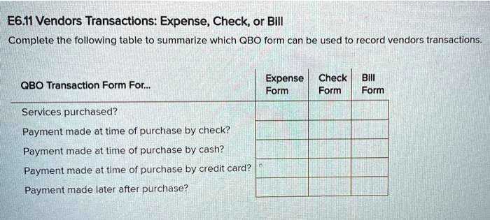E6.11 Vendors Transactions: Expense, Check, or Bill Complete the 