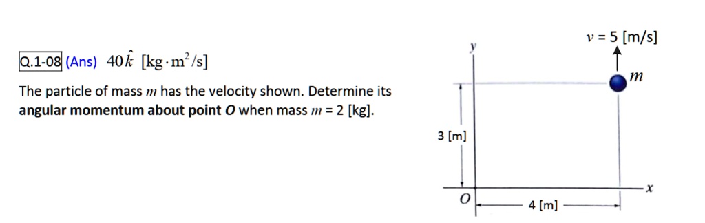 q1 08 ans 40hatk kgm2s the particle of mass m has the velocity shown determine its angular momentum about point o when mass m 2 kg 3 m v 5 ms m x o 4 m 29768