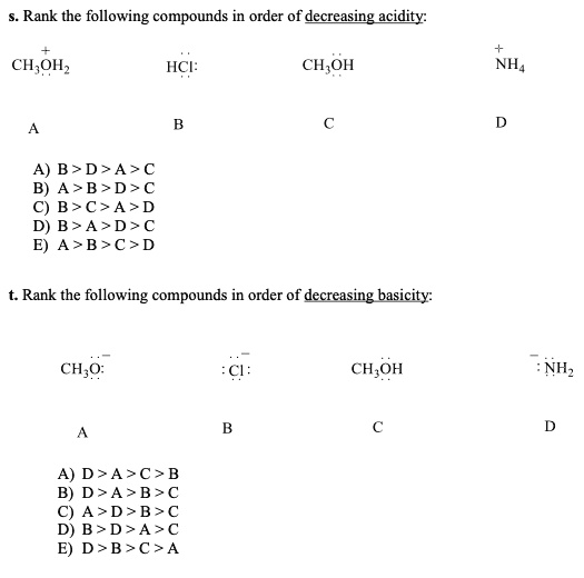 Solved Rank The Following Compounds Order Of Decreasing Acidity Chohz Hci Choh Nh4 A Bda 9261