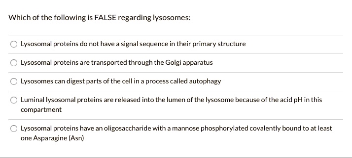 Solved:which Of The Following Is False Regarding Lysosomes: Lysosomal  Proteins Do Not Have Signal Equence In Their Primary Structure Lysosomal  Proteins Are Transported Through The Golgi Apparatus Lysosomes Can Digest =  Parts Solved:which Of The Following Is False Regarding Lysosomes: Lysosomal  Proteins Do Not Have Signal Equence In Their Primary Structure Lysosomal  Proteins Are Transported Through The Golgi Apparatus Lysosomes Can Digest =  Parts