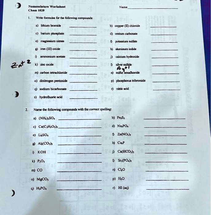 SOLVED Texts Nomenclature Worksheet Chem1020 Name Write formulas for