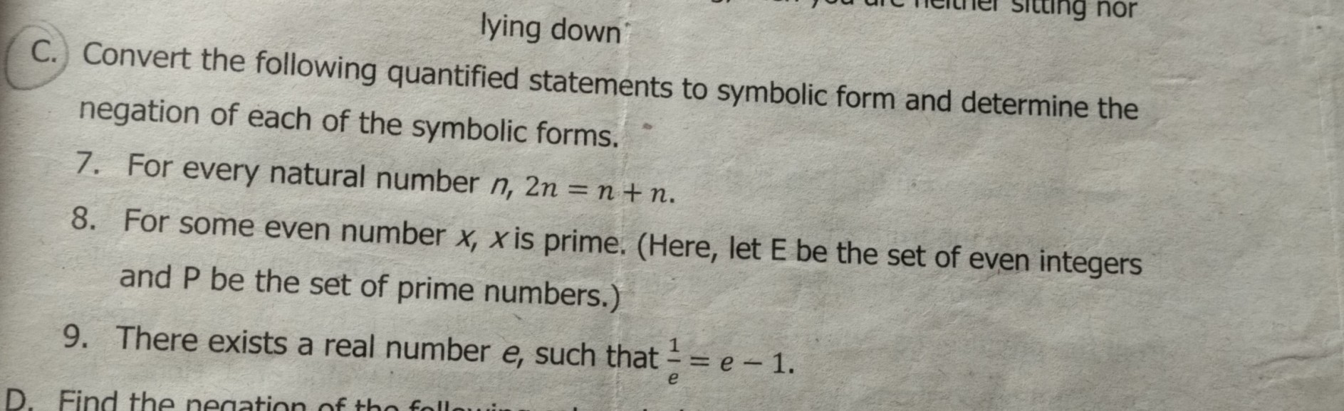 SOLVED: C. Convert the following quantified statements to symbolic form ...