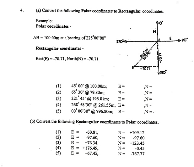 a convert the following polar coordinates to rectengular coordinates example polar coordinates ab 100oom t bearing of2250000 4r 27 rectangular coordinatcs easte 7071 northnv 7071 45 00 10000 39271