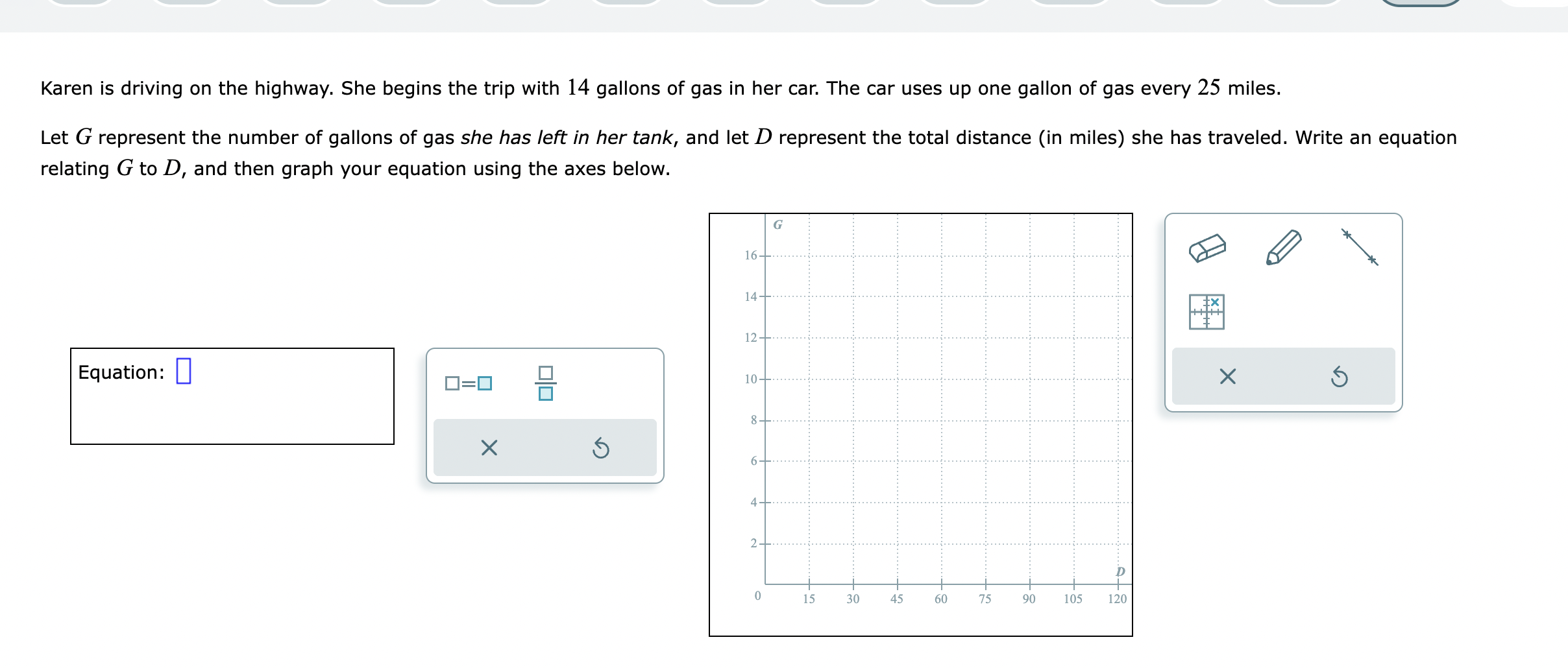 Karen is driving on the highway. She begins the trip with 14 gallons of gas in her car. The car uses up one gallon of gas every 25 miles.
Let ( G ) represent the number of gallons of gas she has left in her tank, and let ( D ) represent the total distance (in miles) she has traveled. Write an equation relating ( G ) to ( D ), and then graph your equation using the axes below.
Equation: