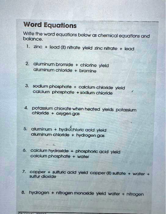 SOLVED Word Equations Write the word equations below as chemical equations and balance; zinc