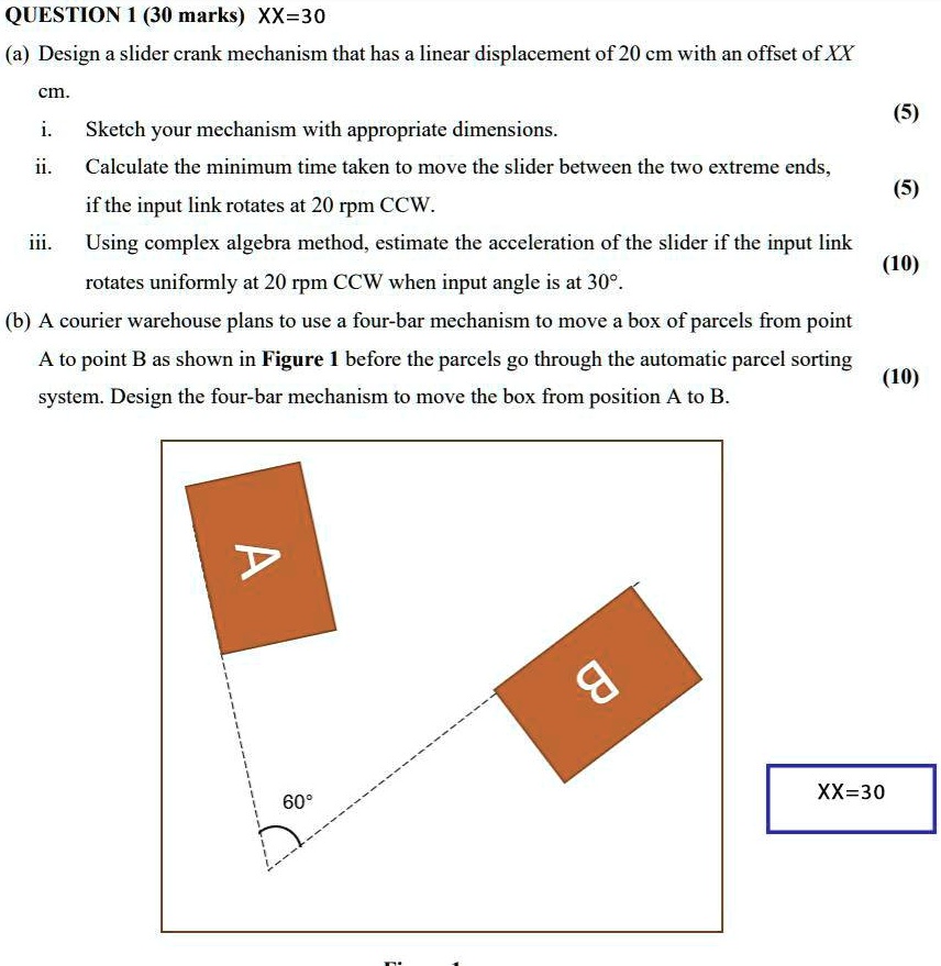 QUESTION 1 (30 marks) XX=30
(a) Design a slider crank mechanism that has a linear displacement of 20 cm with an offset of XX cm.
i. Sketch your mechanism with appropriate dimensions.
ii. Calculate the minimum time taken to move the slider between the two extreme ends, if the input link rotates at 20 rpm CCW.
iii. Using complex algebra method, estimate the acceleration of the slider if the input link rotates uniformly at 20 rpm CCW when input angle is at 30°.
(b) A courier warehouse plans to use a four-bar mechanism to move a box of parcels from point A to point B as shown in Figure 1 before the parcels go through the automatic parcel sorting system. Design the four-bar mechanism to move the box from position A to B.
XX=30
60°