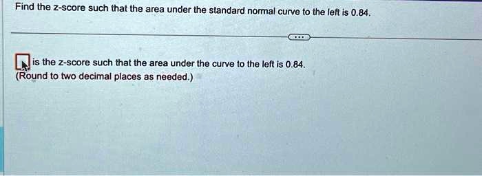 Find the z-score such that the area under the standard normal curve to the left is 0.84.
oxed is the z-score such that the area under the curve to the left is 0.84.
(Round to two decimal places as needed.)