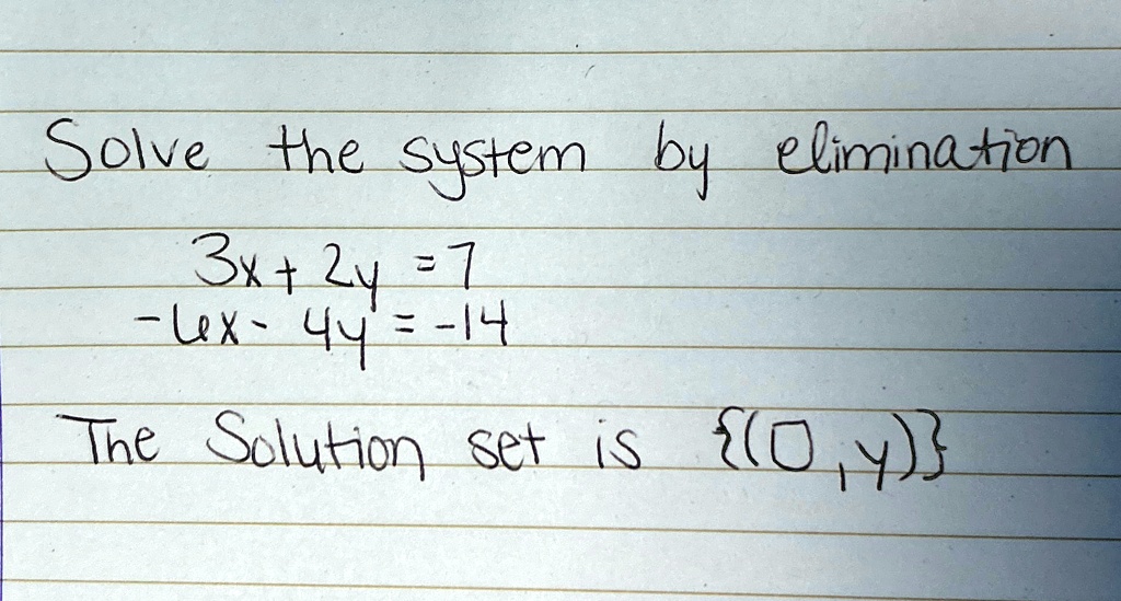 Solve the system by elimination
3x + 2y = 7
-6x - 4y = -14
The Solution set is {(0, y)}