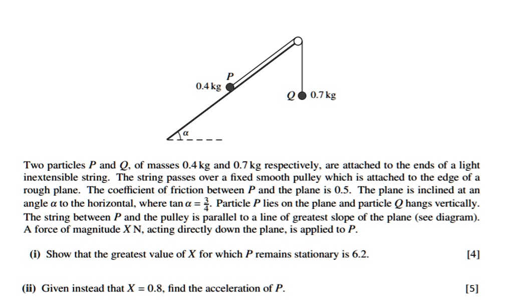Two particles P and Q, of masses 0.4 kg and 0.7 kg respectively, are attached to the ends of a light
inextensible string. The string passes over a fixed smooth pulley which is attached to the edge of a
rough plane. The coefficient of friction between P and the plane is 0.5. The plane is inclined at an
angle ? to the horizontal, where tan ? = 3/4. Particle P lies on the plane and particle Q hangs vertically.
The string between P and the pulley is parallel to a line of greatest slope of the plane (see diagram).
A force of magnitude X N, acting directly down the plane, is applied to P.

(i) Show that the greatest value of X for which P remains stationary is 6.2. [4]

(ii) Given instead that X = 0.8, find the acceleration of P. [5]