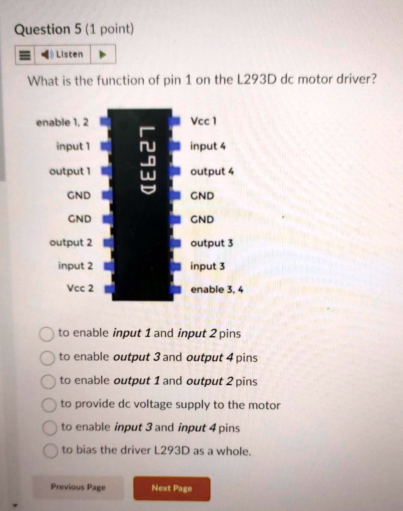 SOLVED Question 5 (1 point) Listen What is the function of pin 1 on