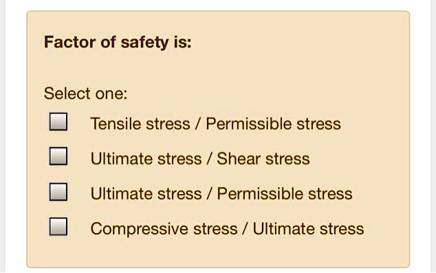 SOLVED: Factor of safety is: Select one: Tensile stress/Permissible