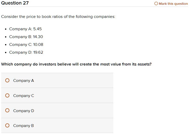 Question 27
Consider the price to book ratios of the following companies:
• Company A: 5.45
• Company B: 14.30
• Company C: 10.08
• Company D: 19.62
Which company do investors believe will create the most value from its assets?
Company A
Company C
Company D
Company B