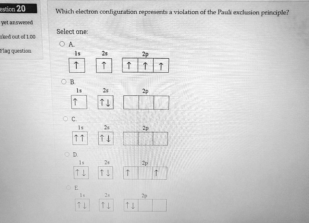 Which electron configuration represents a violation of the Pauli exclusion principle?

Select one:
A.
1s  2s  2p
[?] [?] [?|?|?]

B.
1s  2s  2p
[?] [??] [ | | ]

C.
1s  2s  2p
[??] [??] [ | | ]

D.
1s  2s  2p
[??] [??] [?| |?]

E.
1s  2s  2p
[??] [??] [??| | ]