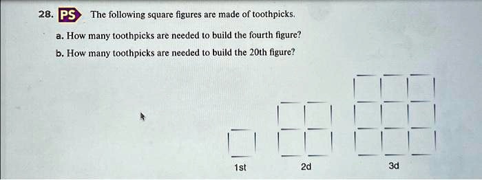 28. PS The following square figures are made of toothpicks.
a. How many toothpicks are needed to build the fourth figure?
b. How many toothpicks are needed to build the 20th figure?