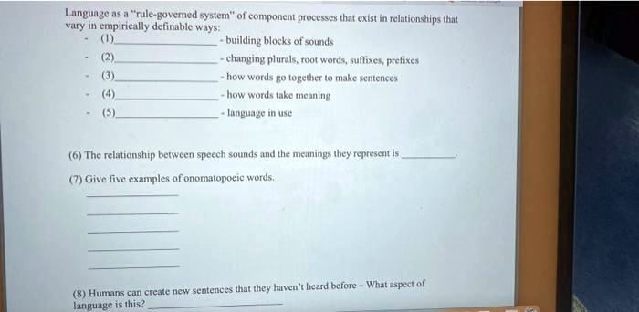 Language as a "rule-governed system" of component processes that exist in relationships that vary in empirically definable ways:
- (1)  - building blocks of sounds
- (2)  - changing plurals, root words, suffixes, prefixes
- (3)  - how words go together to make sentences
- (4)  - how words take meaning
- (5)  - language in use

(6) The relationship between speech sounds and the meanings they represent is .

(7) Give five examples of onomatopoeic words.






(8) Humans can create new sentences that they haven't heard before - What aspect of language is this? 