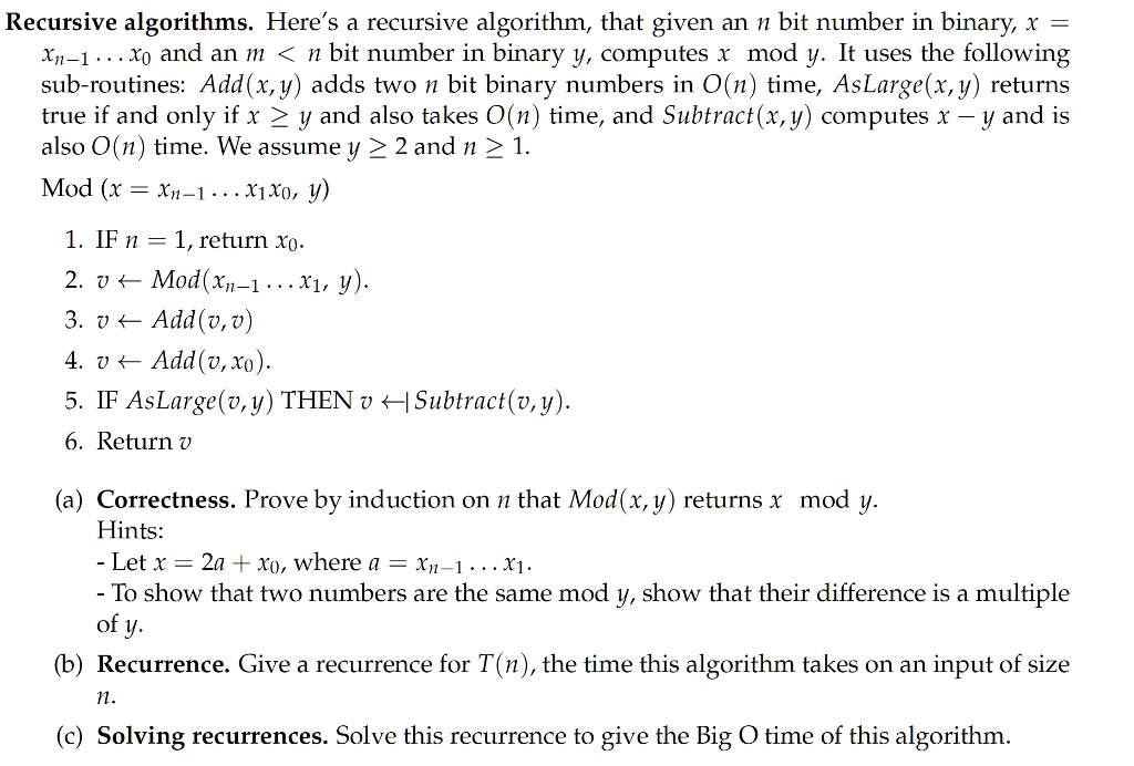 SOLVED: Recursive Algorithms. Here's A Recursive Algorithm, That Given ...