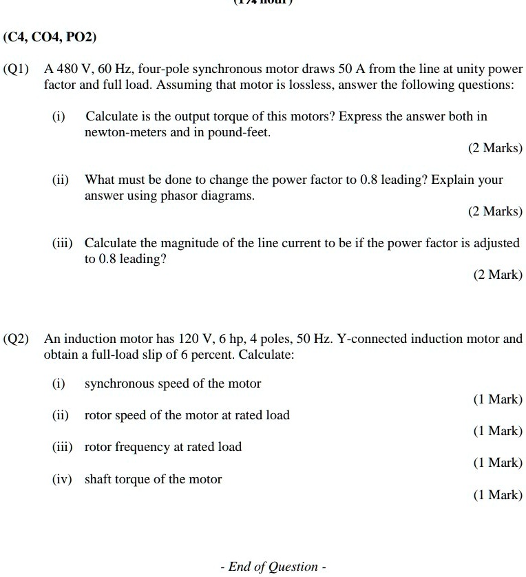 SOLVED C4, CO4, PO2 (Q1) A 480 V, 60 Hz, fourpole synchronous motor