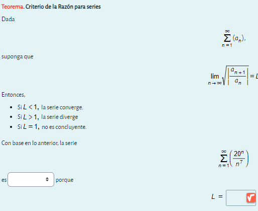 SOLVED: Teorema. Criterio de la Razón para series Dada ∑n=1^∞(an
